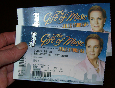  An evening with Julie Andrews, O2 concierto 8th May. Ticket auction on Ebay with only £10 reserve!!!! Item number 250623112072