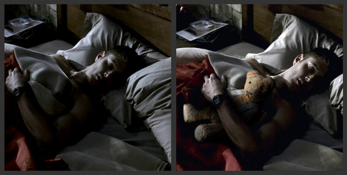 There wasn't a episode with Dean and a teddy bear. the teddy madala was added into the scene. The scene was from Asylum and it was great the way they did it.