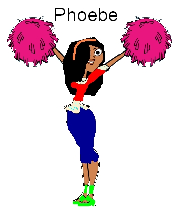 Name: Phoebe Stonebroad

Age: 16 1/2

Bio:She is loyal, talented and enjoys children.
She is also a teacher's pet in high school and speaks Spanish

Talent: Singing, Reading

Likes:Puppies, candy, books

Friends:Trent, Gwen, Duncan, Courntey, Katie, Eva, Chris, Bridgette, and Geoff

Dislikes:Spiders, bad grades and pranking

Enemies:Chef Hatchet, Heather, Lindsay, Harold, Sadie

Looks: Long black hair, blue jeans, red top and tan headband

EXTRA: Plays guitar and piano and she's dating Duncan
