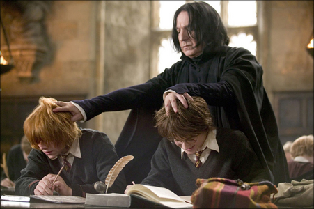  In the goblet of moto for the movie. This is a still from my inayopendelewa scene. Where Harry and Ron are talking about the dance, Snape pulls back his sleeves just before he grabs their heads and pushes them down. In the book my inayopendelewa scene has to be in last book Severus Snape's memory's. I cry every time I read it.