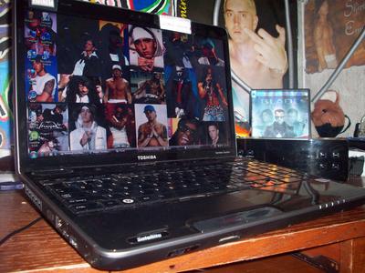  Toshiba laptop :) LOL theres a blade in the bg... with Eminem and a kitty.. LOL