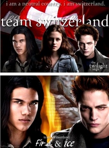  well this is this whole débats on who's on team edward ou team jacob.i am on both teams so go team switzerland!(or jakeward,i don't really care,as long as it's both)i think team edward represent the vamps and team jacob represent the werewolves.don't worry, toi can be on both teams.GO TEAM SWITZ!!!