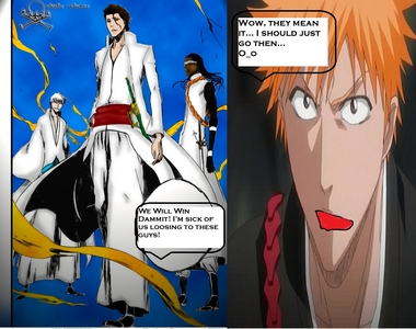Yosh!
i really hope Aizen wins!It bugs me how all the bad guys die!
All the akatsuki members are all nearly dead, 
And the Espada have been getting their asses kicked!

I just wish for once that bad guys would triumph!

(ps i made the picture really fast..Lol thats why it doesn't look very good...XD)