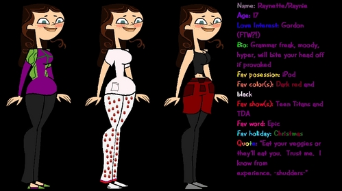 Name: Raynette
Crush: Noah
Age: 17
Traits: Grammar freak, shy (when around new people), will bite your head off if you provoke her, extreme fangirl, loves to write poetry but is too shy to show it
Bio: See traits; also a distant cousin of Chris MacClean
The winner of the Total Drama...IDOL! Ha, IDK what to put here ^^;