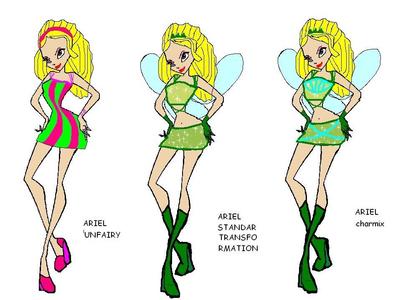  nice idea!here is mine, name,ariel age,16 power,sea(fairy) ariel lives in andros like layla her favourite colour is light green,she is energetic and loves dancing.she also dreams to find her true amor someday. here she is unfairy,standar transformation,charmix