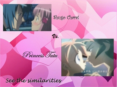 These 2 animes I have here, they don't actually kiss, but the both come close. Amu/Ikuto from Shugo Chara and Ahiru/Fakir from Princess Tutu. These are my 2 favorite animes ever!!!