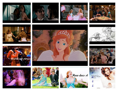  In Зачарованная Giselle has no earings in the cartoon world but when she comes into our world she has earings. This movie has tons of mistakes. SHAME ON the crew for adding these mistakes. Another one is from The Little Mermaid where Ariels bag reappears and disappears when she is talking to Scuttle.