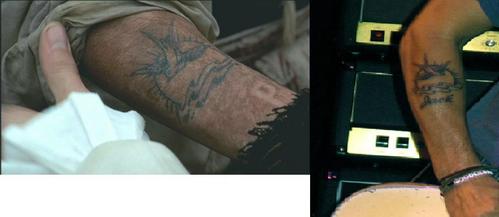  This is the tattoo seen in the film Pirates of the Caribbean, Curse of the Black Pearl, as a signature of the pirate Captain Jack Sparrow. Johnny had it done after the completion of the film with one difference - the 飲み込む flies towards him. Under it he has the name of his son, Jack. Johnny has stated that he made the change to the direction of the 飲み込む because, "You have to have it flying towards you. He's gotta always fly back to you."