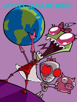 Yup ZENA!and her Gir unit FLIR! Zena is Zim and Gaz's daughter and Flir is Gir and Cupcake's Daughter.Cupcake is another Gir bot sent sejak the Irken's because she was malfunctioning and we all no where the "Defect's"go...Earth!and so Zim took her in and fixed her up and upgraded gir.With all the extra part's left around, from it Zim built another irken bot and Gir and cupcake, kek cawan named her Flir!since techniqually she was they're daughter, being made from they're spare parts!as for Zena,she was only four when Flir was made,though Zim think's it's never to old for an Irken bot and so Flir has followed Zena ever since.Zena is now Nine and Flir is five.Zena has a little brother named Zib who look's exactly like Dib if he became irken.Zib built his own irken bot out of what was left of the spare parts and Gir named him Zerg.Zena and Zib's only enemie is Dib's son Dibbert who is almost exactly like his father except different and.........he's not insane.he probably get's it from his mom.though who that is nobody knows!not even him!I'll have pics of Zib,Zerg,Dibbert,and Dibbert's twin sister Caz.up on the Invader Zim site later.