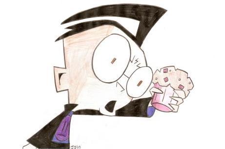  It was Dib!! He threw the muffin at Zim's head! 'Cause of the things he do! DON'T BLAME ME FOR MY PROBLEMS D;