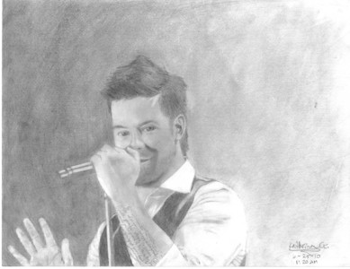  One of my recente drawings. David Cook. And before anyone asks about his beard, that's the shadow from his hand. My mom took the original picture. http://twitpic.com/1gy8oh (It's my account, though.) http://twitpic.com/209wu9 (Larger size)