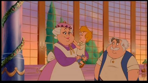 I think you missed a whole part of the movie.

Belle left Beast's castle to save her father from the cold. She took him home and let him rest in the warmth. Then he got trapped in the cellar with Belle, and we didn't see him until the end of the movie. In the final ballroom scene, he's standing next to Ms. Potts, and he's perfectly fine.

The screencap below is of him in the final scene of Beauty and the Beast in the ballroom, where he's standing next to Ms. Potts and Chip.