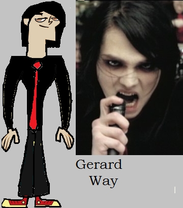  Name: Gerard Way Age: (he's 32 but let's make him 17) Bio: Gerard is the lead singer of My Chemical Romance. He used to make comics, maybe he still does. He is very funny sometimes, and he's awesome!! Likes: My Chemical Romance, music, his songs, and drawing Dislikes: mean people, bad people, people who make fun of his band and people who make fun of his hair! Scared of: nothing Which TDI person u want in: Duncan (but remember, Gerard hates Duncan so make them fight a lot of anything like that) Pic: (the pic of him as a human is on the right side of the pic)