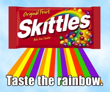  Trow them at people and say: Taste the قوس قزح skittles!!!!! and do a random dance!!!!!!!! YAY!!!! SKITTLES!!!! :D XD XD XD