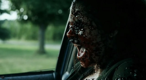  It looks like she got shot in the eye.But I've seen this movie before.She doesn't get shot in the eye, a man gets shot in the head and blood goes all over her face and even clothes.The bullet goes all the way through his head.