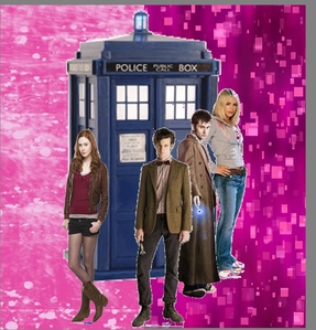  a розовый backround with the tardis, 2 doctors and some companions
