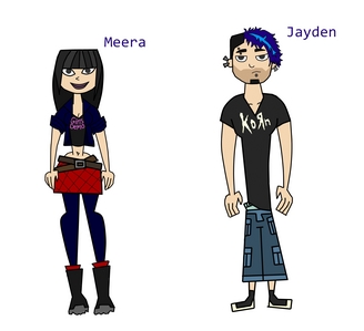  
name: Jayden Sonozaki 

age: 16 

personality: Jayden is stubborn and loves using sarcasm. His philosophy is to not care too much about anything and you'll never get hurt or disappointed. He loves heavy metal, his favourite band of all time being Korn, followed closely by Disturbed. Jayden doesn't always see eye to eye with his twin sister Meera, in fact he's usually purposely pushing her buttons just for something to do. Despite their constant fighting, if anyone ever did anything to try to hurt Meera he's personally see to them being hung upside down on a flag pole. Jayden can be moody at times and will snap at people quite easily, especially if he's trying to explain something to them and they just won't understand it.     
sterotype: punk/metalhead  

crush: none at the moment? It kind of goes against his 'not caring policy.' 

name: Meera Sonozaki   

age: 16 

personality: Meera is a bright and upbeat girl. She loves writing songs ans short stories as well as some fanfiction for her all time favourite video game, Mass Effect and anime, Angel Beats. She has strong leadership skills and is the kind of person who'll listen to your problems without complaint. She can have quite the barbed tongue though if you make her angry. Her brother's especially good at pushing her buttons. She dislikes when people stereotype her and don't get to know her. She hates rodents and non-vegan foods. She loves J-pop and chocolate.

sterotype: I'm not exactly sure ^^; 

crush: She think Geoff is pretty cute, but respects that he's with Bridgette and wouldn't try anything. 