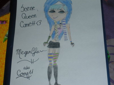Name: Scene Queen Comett (just call her Comett)
Age:16 3/4
How crazy is she: 100,000,000,000,000
Crush: Joey (my other OC)
Fear: Mushrooms
Bio: Loves to swim, draw, sing, skateboard, play guitar,drums,bass, and piano, her dad left when she was 12, tries her best to help her mom out, picks on her little brother, and loves her Chihuahua Sunrise
Pic: Down bellow :3