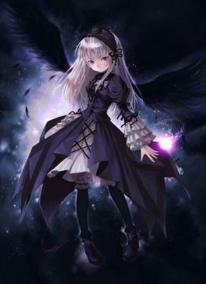  idk who it is, but a girl with dark Энджел wings and can use purple magic!! purple rulez!! xD xD