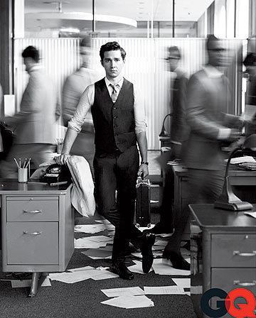 The 23-year-old actor looks ready to work in a wool three-piece suit, $1455, by D&G.