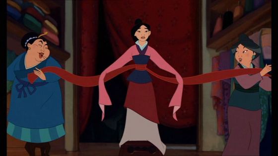  "The girls chant with Mulan get a tad bit annoying after a while, Not to mention poor Mulan's being forced to dress up like a doll to impress some snooty fat chick..." (Duncan_Courtney)