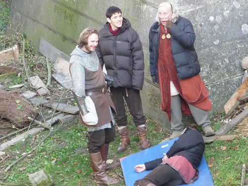  Sir Leon, Merlin looking normal, Gaius has a new cloak!, and a 'dead' guard.