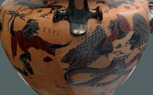  Zeus darting its lightning on Typhon. Side B from a Chalcidian black-figured hydria, ca. 550 BC.