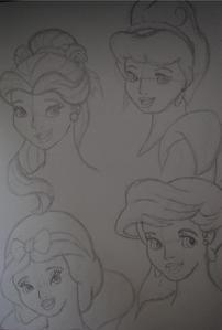  Sketches of Belle, Cinderella, Snow White, & Ariel