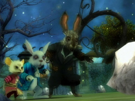 Thackery with Nivens McTwisp and Mallymkun as the appear in the video game adaption of Tim Burton's Alice for the Wii