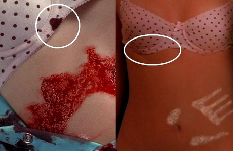 Pilot Bloopers/mistakes

There is a spot of blood on Liz's bra when Max is healing her (right above h