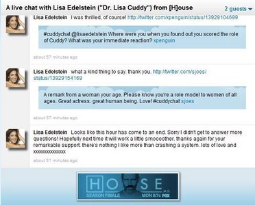  So who got a reply from Ms. Lisa Edelstein on Twitter's #cuddychat? Unfortunately I didn't get a