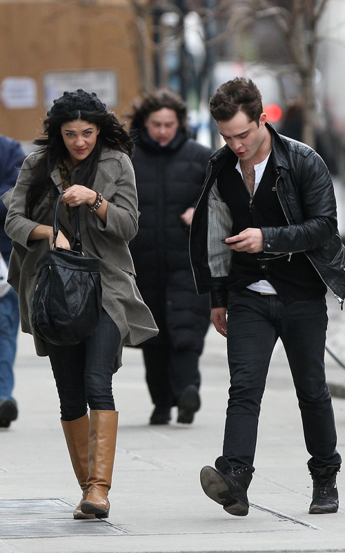 Jessica Szohr and Ed Westwick leaving Blake Lively's NYC apartment