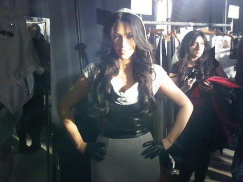  Kim in her hoodie BeBe dress before the show