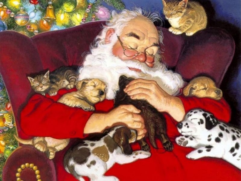 Puppies For Christmas. Santa with Puppies and Kittens