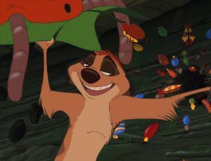  Dancing for hyenas: Timon has on his head...