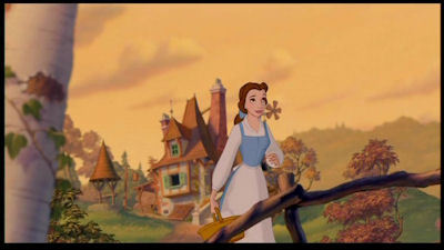  During the first scene when Belle is coming out of her house, what type of animal is shown first?