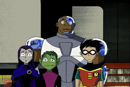 Raven, Cyborg, Robin and Beast Boy perplexed