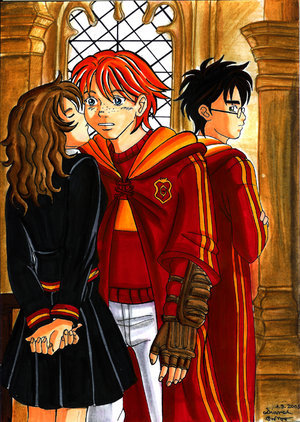  The only キッス that could possibly happen between them in Half Blood Prince is when Hermione kisses Ron on the cheek before one of his Quidditch games. I'm looking for the pg. number right now, so I'll let あなた know if I find it. Image credit: ~Yamatoking UPDATE: If あなた remember in the OOTP film, there was no Quidditch even though that was when Ron became Keeper first. Now that they're including it in the HBP film, it looks like they're bringing in scenes from OOTP Quidditch. For example, Luna's lion head. Furthermore, the キッス あなた are talking about between Ron and Hermione could very well happen. On page 404 of the US version of OOTP, before Ron and Harry go off to their first Qudditch match, the following occurs: " 'Good luck, Ron,' 発言しました Hermione, standing on tiptoe and <b>kissing him on the cheek</b>. 'And you, Harry-' Ron seemed to come to himself slightly as they walked back across the Great Hall. He touched the spot on his face where Hermione had kissed him, looking puzzled, as though he was not quite sure what had just happened." (OOTP Rowling 404) Hope that helps and that it is actually in the film! =)