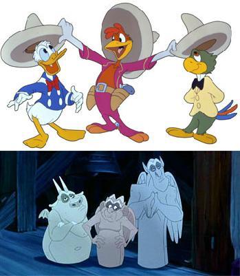 What about the Three Caballeros - Donald Duck, José Carioca, and Panchito Pistoles?
http://en.wikipedia.org/wiki/The_Three_Caballeros

also: the three gargoyles from The Hunchback of Notre Dame - Victor, Hugo, and Verne.

