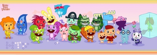 YOU DON'T KNOW WHAT HAPPY TREE FRIENDS IS??????
I'LL tell you
HTF is a show here the characters (there are twenty of them) who go on different adventures, and get hurt or die (they're living in the next episode) in every episode. It's sad yet tragic.
My favorite, nutty, is the first one on the left in the shorter row (green, covered in candy, squirrel)