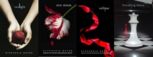 NEW MOON: The type of flower it is described to be is a red ("bleeding") tulip.  It was chosen by the publishers because the tulip is most commonly a symbol for true love, worthiness and forgiveness.
ECLIPSE: The ripped ribbon is suppose to symbolize Bella, torn between Jacob and Edward.
BREAKING DAWN: The two chess pieces represent Bella: the pawn is human Bella.  When the pawn reaches the other side of the board, it can become a queen.  So the queen is suppose to be vampire Bella, which is much stronger than human Bella.

Hope that helps!