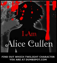 i did the test too and i'm Alice and i love her :D she's awesome ^_^ my favourite Cullen girl :D

You are Alice Cullen. Your ability to foresee danger and misfortune doesn't diminish your bubbly optimism. You are a force to be reckoned with -- anybody with enough sense knows, you never bet against Alice and that's so true :D
