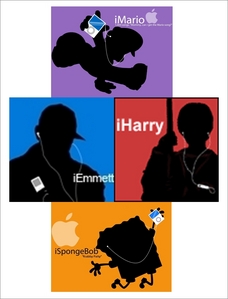  iEmmett (Cullen)(Twilight), iHarry (Potter)(Harry Potter), iMario (Bros.)(Mario Bros.), and iSpongeBo