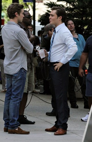 Chace Crawford and Ed Westwick  on the set of Gossip  Girl