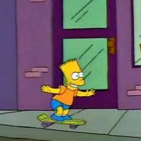 Theme song: What is on the television screen that Bart skateboards by?