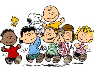  (From left to right) Franklin, Woodstock, Lucy, Snoopy, Linus, Charlie Brown, Peppermint Patty, Sally