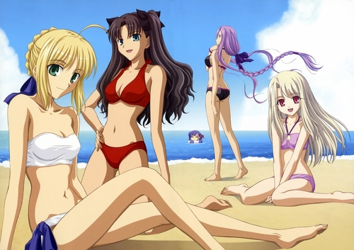  saber ,rin ,ilya , rider and sakura enjoying thereselve's in the beach.