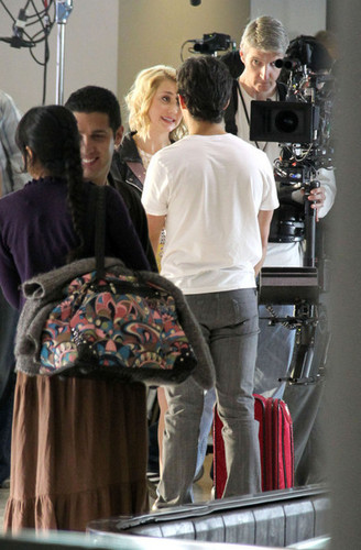 Joe Jonas&Chelsea Staub film scenes for the upcoming Jonas TV show for the Disney Channel@LA airport