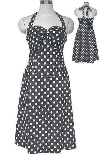  Black 50's Styel Rockabilly Polka-Dot halter Dress
