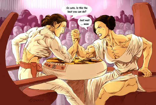 Padme and Leia arm wrestling
